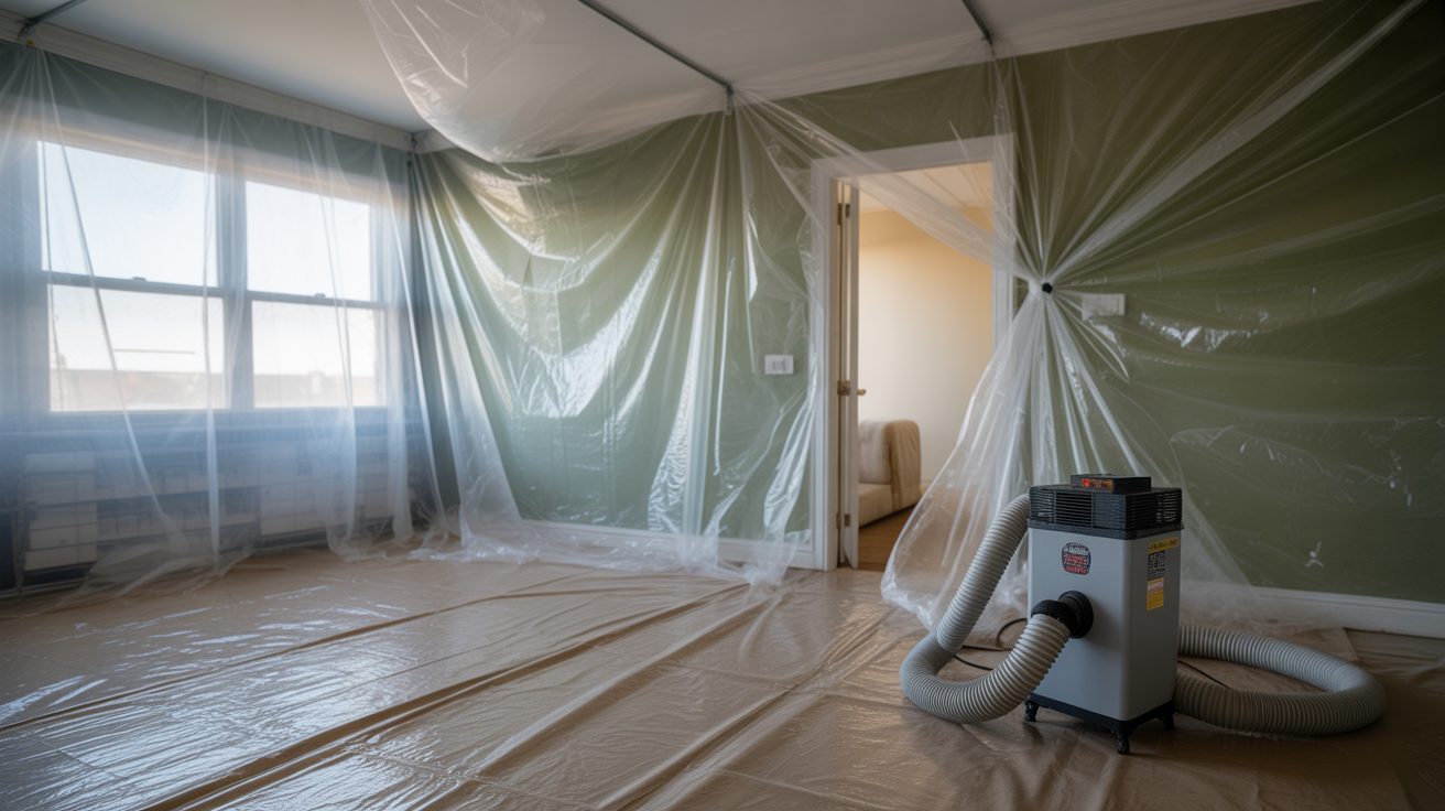 Containment sheeting and an air scrubber set up on a mould job in Sunshine Coast