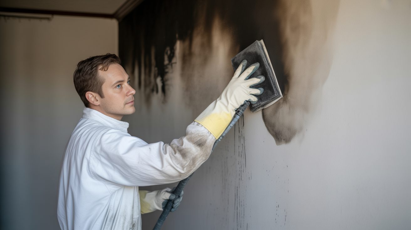 Technician dry-sponging soot from a wall in Sunshine Coast